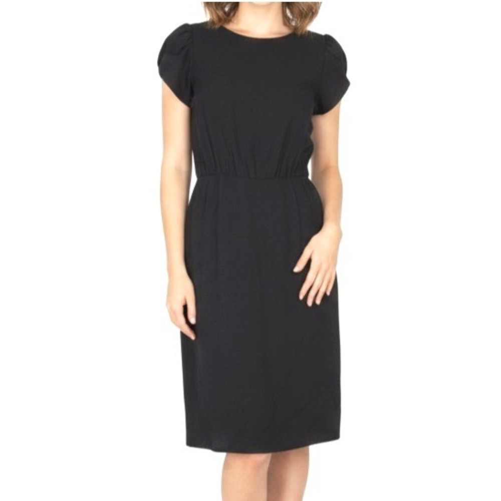Vtg ALBERT NIPON Lined Crepe Black Petal Sleeves Button Back Sheath MIDI Dress 8